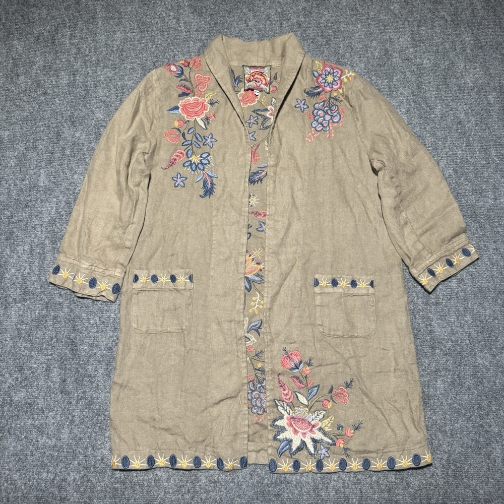 Johnny Was Tiwa Oversized Floral Embroidered Linen Blend Open Sweater Women PM